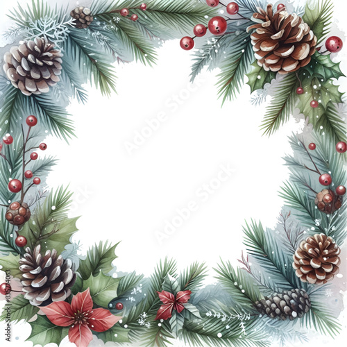 Watercolor vector Christmas frame with fir branches and place for text isolated on white