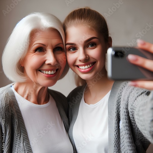  An older woman and a young girl are smiling and holding a phone together to take a selfie. They are standing close to each other and seem to be enjoying the moment.