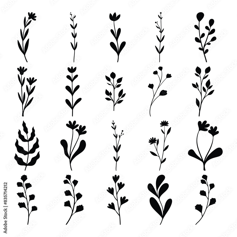 Fototapeta premium Set of plants and flower silhouette