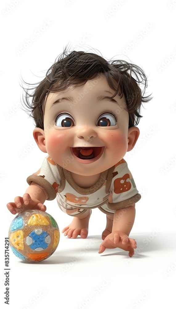 Adorable baby with a joyful expression, crawling on the floor while holding a colorful toy ball, wearing cute pajamas.
Adorable baby with a joyful expression, crawling on the floor while holding a colorful toy ball, wearing cute pajamas.