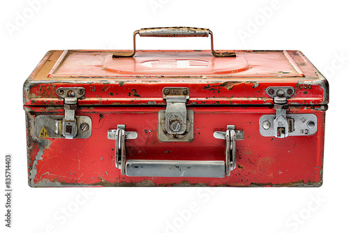 Red metal tool box with handle and locks 