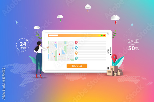 Concept of delivery service with online tracking system, business woman is checking and track the shipment by use application on tablet that the screen contains map and GPS in colorful background.
