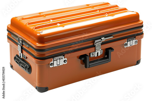 The photo shows a large, orange, hard-sided suitcase. The suitcase is made of metal and has a black handle and black latches.