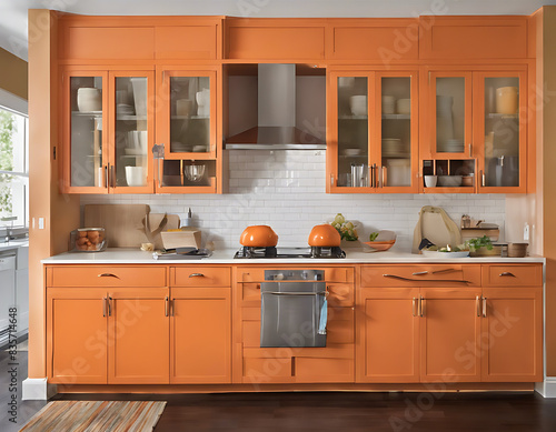 A kitchen with orange cabinets and a fridge and a refrigerator with a freezer inside. © TAJNE