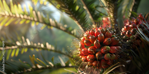 Palm oil fruit ripen on the tree with sunshine background