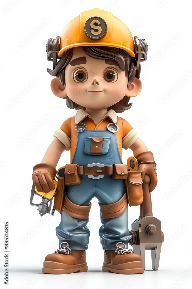 cartoon character of a cute construction worker in uniform holding tools, isolated on a white background. cartoon character of a cute construction worker in uniform holding tools, isolated on a white background.