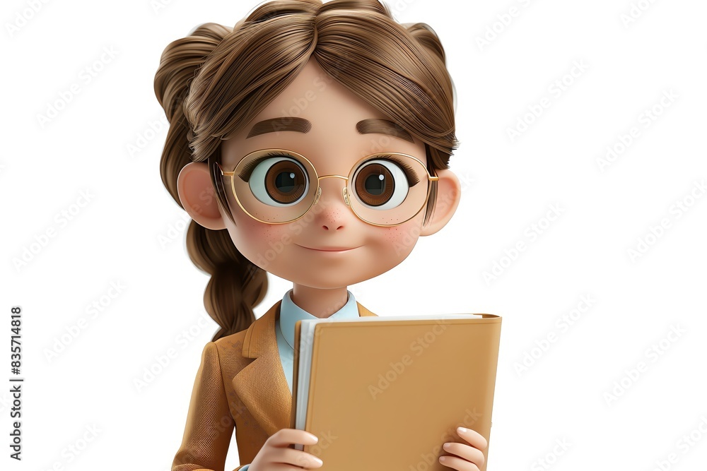 of a cute, young girl with glasses holding a book, wearing a beige blazer, and smiling. Background is white. of a cute, young girl with glasses holding a book, wearing a beige blazer, and smiling. Background is white.