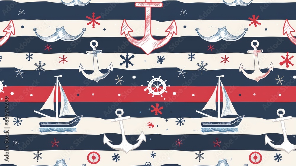 Nautical stripes pattern with anchors and ships
Nautical stripes pattern with anchors and ships