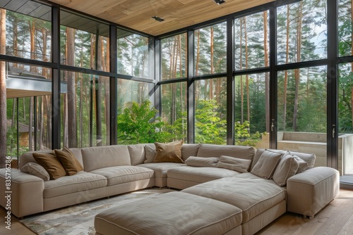 Forest Retreat Living Room: Beige Corner Sofa Against Large Windows in Modern Minimalist Interior Design