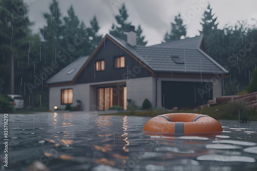 House, natural disaster and floods from storm or rain  weather with damage, lifebuoy. photo