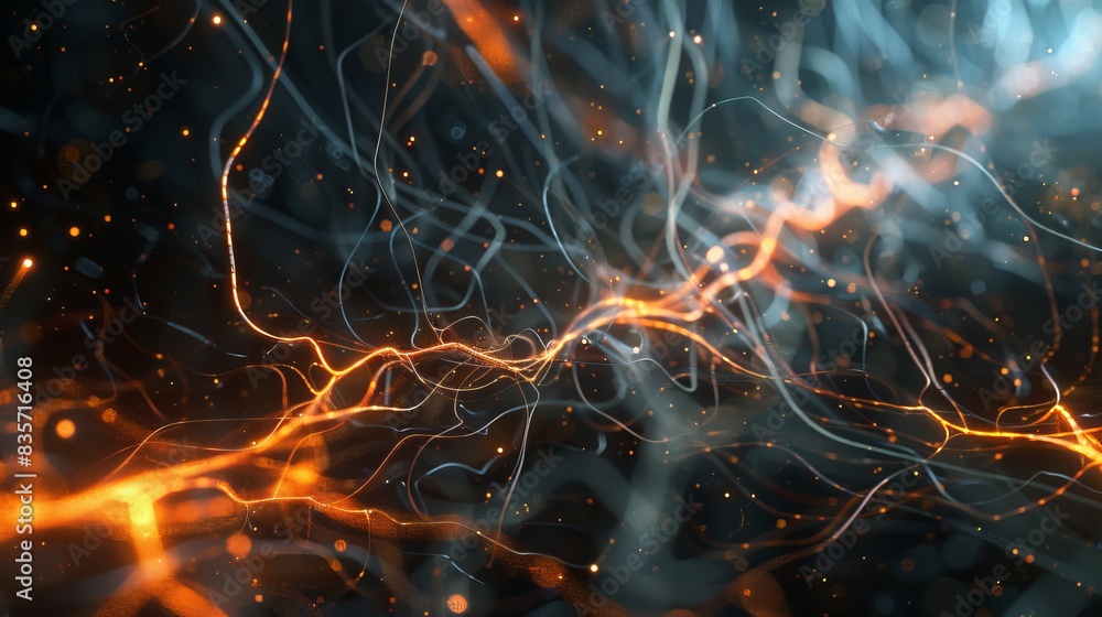 Twisted and intertwined energy fibers on a dark backdrop Twisted and intertwined energy fibers on a dark backdrop