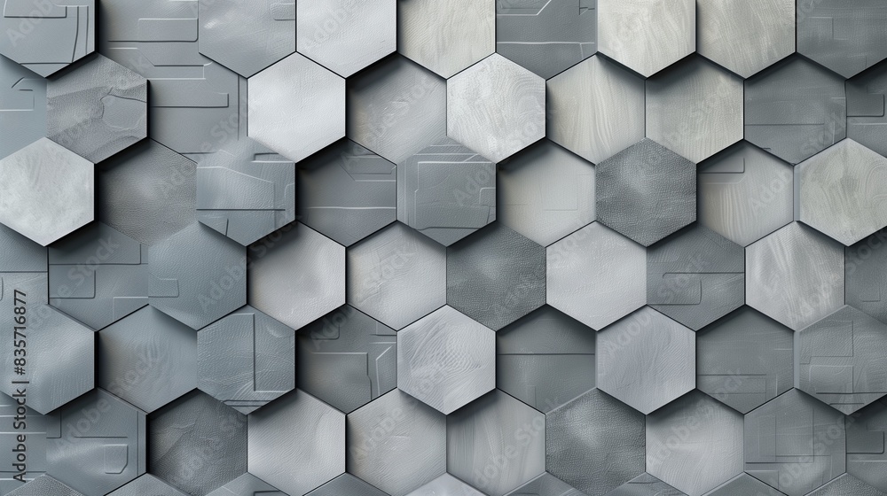 Textured hexagons in varying gray shades create a dynamic 3D wall background. Textured hexagons in varying gray shades create a dynamic 3D wall background.