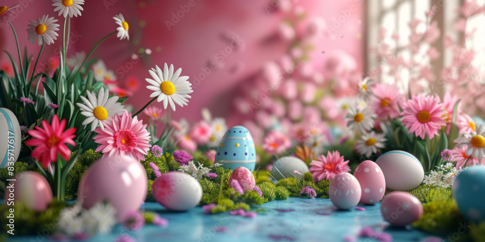 A 3d render of an easter background with a round white board surrounded by flowers and colorful eggs, featuring a minimalist style and soft pastel colors. A 3d render of an easter background with a round white board surrounded by flowers and colorful eggs, featuring a minimalist style and soft pastel colors.