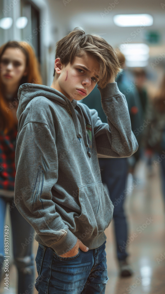 A young boy standing in the hallway of his school, crying and holding his head with one hand as other students walk by, with the background blurred to emphasize the boy. A young boy standing in the hallway of his school, crying and holding his head with one hand as other students walk by, with the background blurred to emphasize the boy.