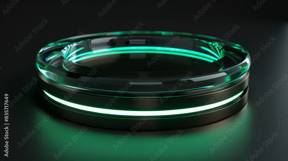 A glowing glass circular base with green light against a black background, viewed from the front. A glowing glass circular base with green light against a black background, viewed from the front.