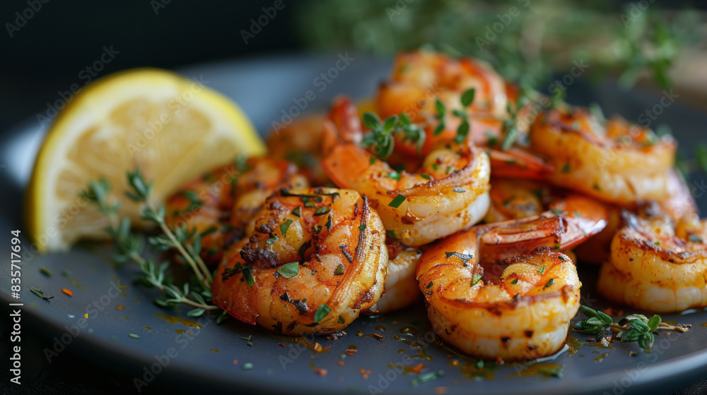A plate of deliciously seared shrimp, golden brown and perfectly cooked with vibrant colors from rich hues of orange to deep reds, garnished on top with fresh herbs. A plate of deliciously seared shrimp, golden brown and perfectly cooked with vibrant colors from rich hues of orange to deep reds, garnished on top with fresh herbs.