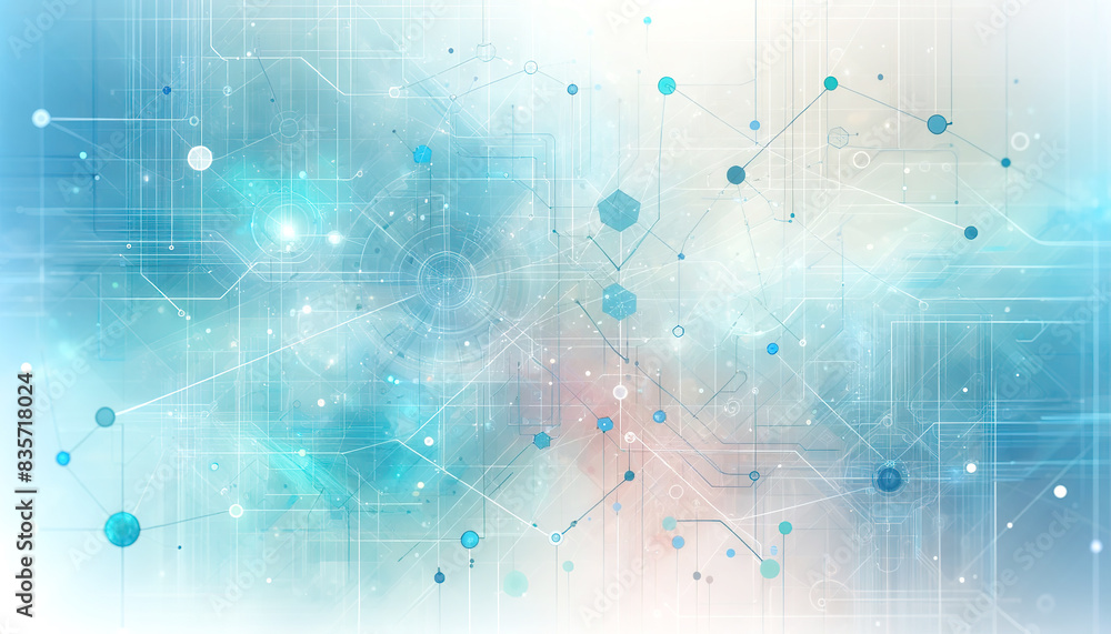 Obraz premium Abstract technological background 18 in light blue and pink tones with superimposed geometric shapes, lines, dots; for design and presentations