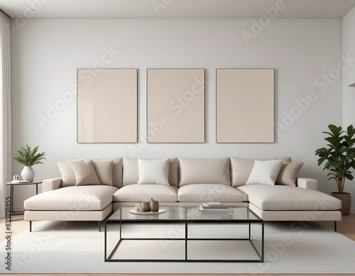 Frame mockup  ISO A paper size. Living room poster mockup. Modern interior design. Living room Interior mockup with house background. 3D render