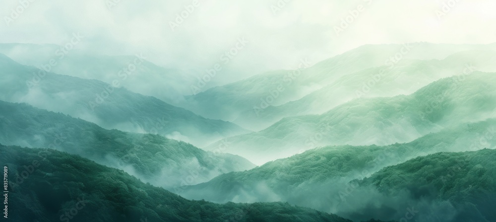 Fototapeta premium Misty mountain terrain valley landscape. Generative AI technology. 
