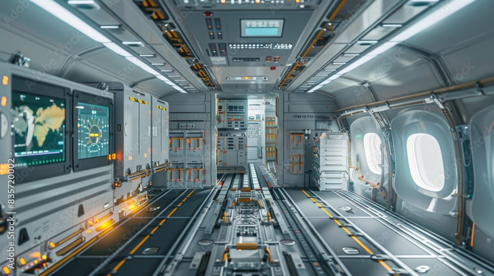 A cargo airplane's interior filled with advanced cargo management systems, digital displays, and efficient storage solutions, highlighting technological advancements A cargo airplane's interior filled with advanced cargo management systems, digital displays, and efficient storage solutions, highlighting technological advancements