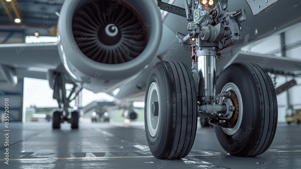 Fototapeta premium A close-up of a cargo plane's landing gear and high-tech sensors, showcasing the engineering marvels in modern aviation technology