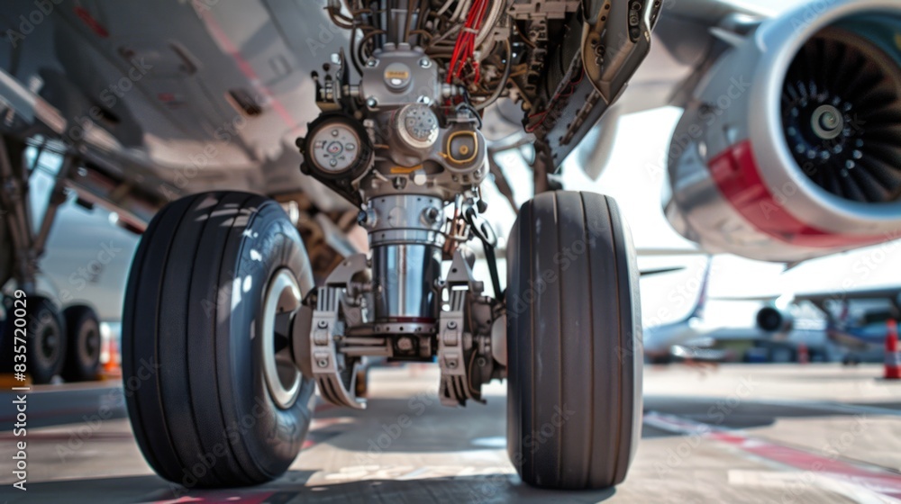 A close-up of a cargo plane's landing gear and high-tech sensors, showcasing the engineering marvels in modern aviation technology A close-up of a cargo plane's landing gear and high-tech sensors, showcasing the engineering marvels in modern aviation technology