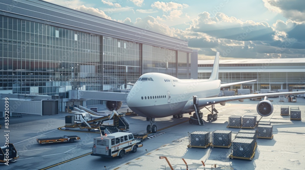 An advanced cargo aircraft parked at a high-tech air cargo terminal, with automated sorting and loading systems in action, emphasizing efficiency and innovation An advanced cargo aircraft parked at a high-tech air cargo terminal, with automated sorting and loading systems in action, emphasizing efficiency and innovation