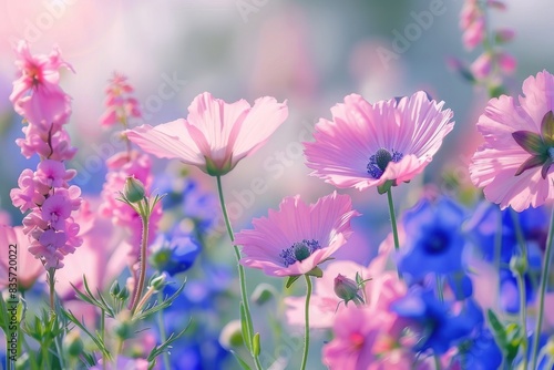 A field of purple and pink flowers houses a cluster of pink and blue blooms against a white backdroprp