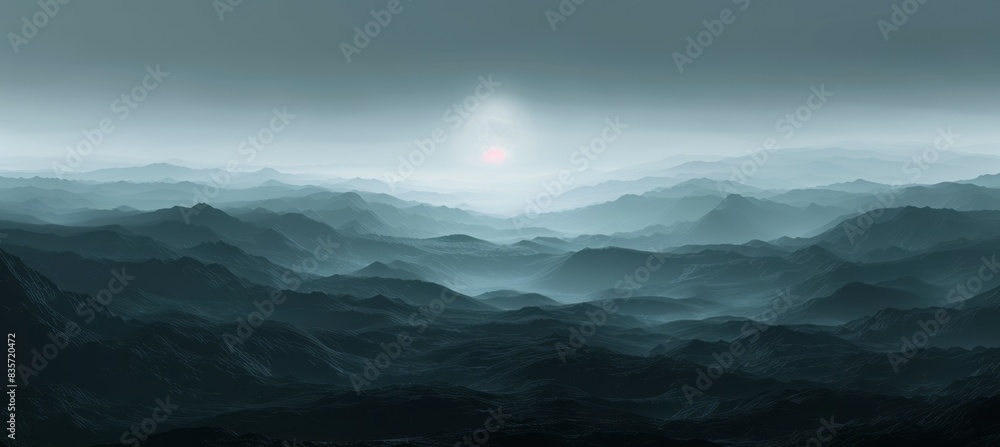Dark night foggy horror mountain terrain landscape and moon. Generative AI technology.	
