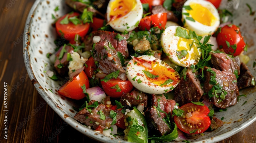 Flavorful meat salad featuring beef eggs and ripe tomatoes Flavorful meat salad featuring beef eggs and ripe tomatoes