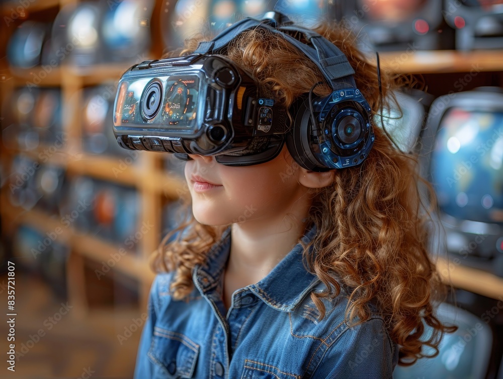 A young girl with curly hair exploring virtual reality wearing a VR headset in a tech-filled room. A young girl with curly hair exploring virtual reality wearing a VR headset in a tech-filled room.