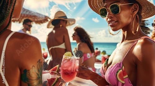 A beachside bar with friends gathered around, sipping watermelon cocktails and wearing straw hats and trendy sunglasses, with a beautiful ocean view in the background. photo