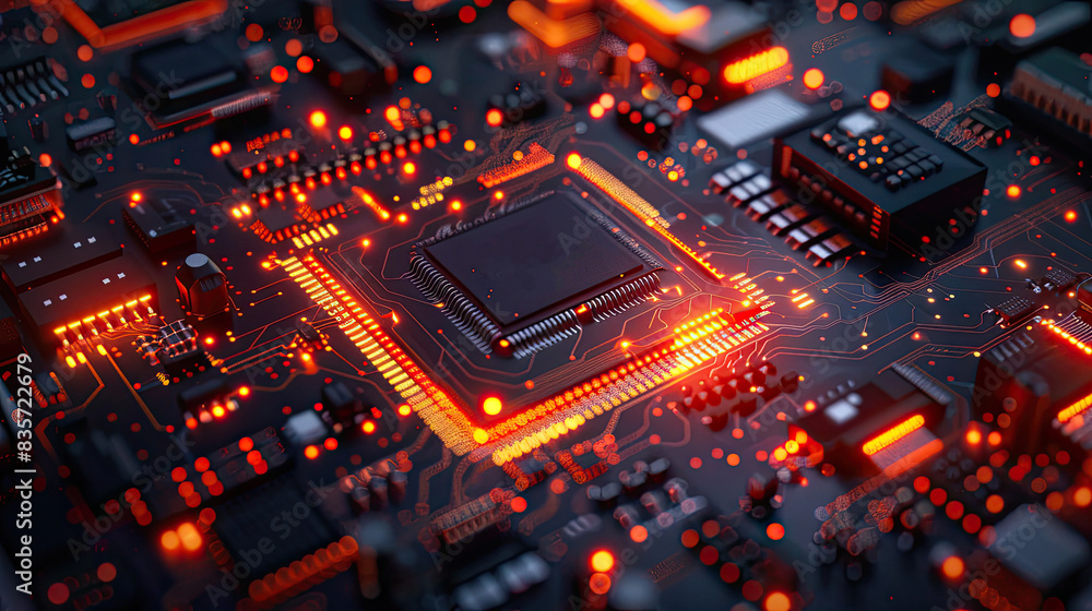 Close-Up of Glowing Circuit Board with Microchip: High-Tech, Modern, and Futuristic Technology Background Close-Up of Glowing Circuit Board with Microchip: High-Tech, Modern, and Futuristic Technology Background