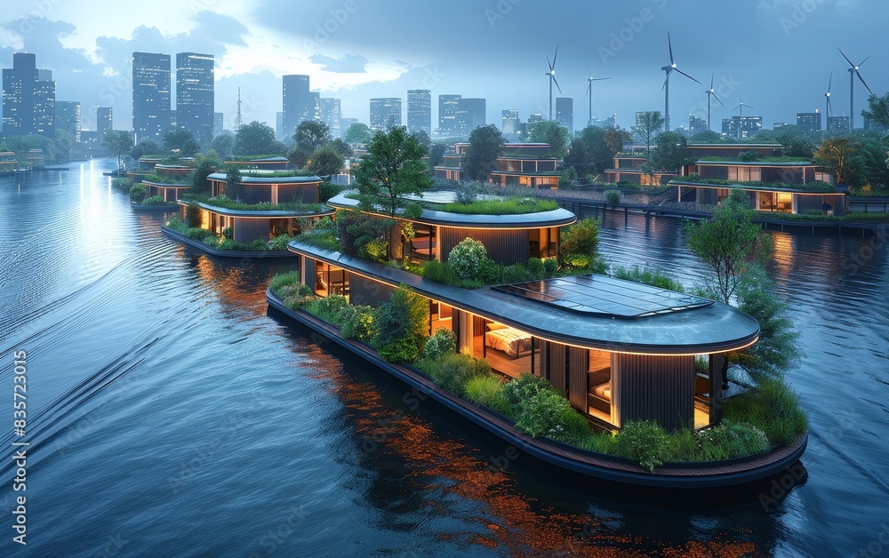 Naklejka premium Beautiful floating homes on a river with green roofs and a modern cityscape in the background at dusk with wind turbines.