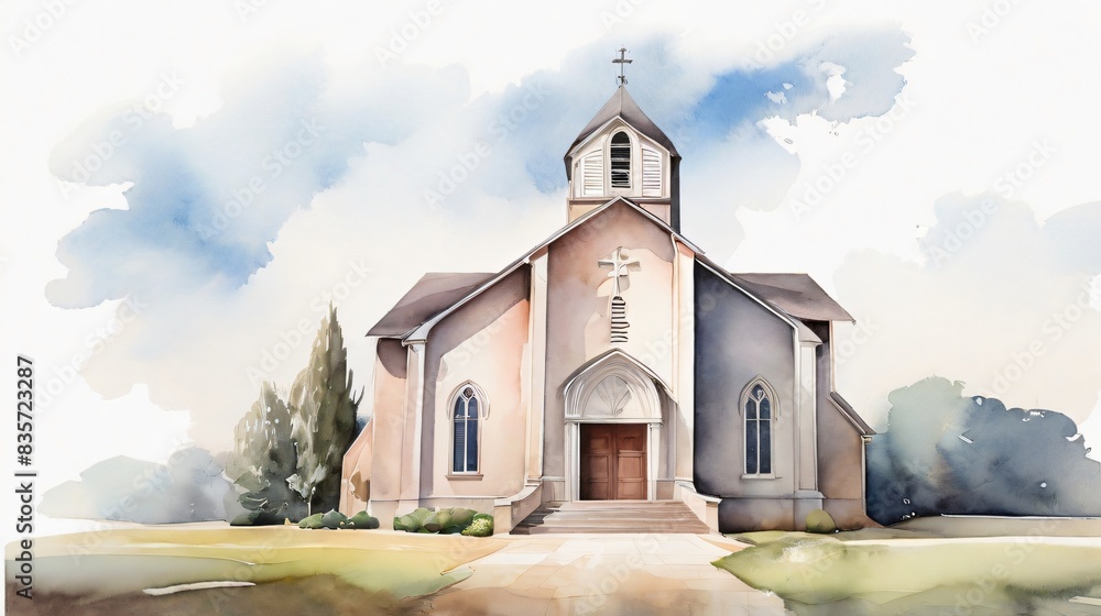 watercolor painting of old church 