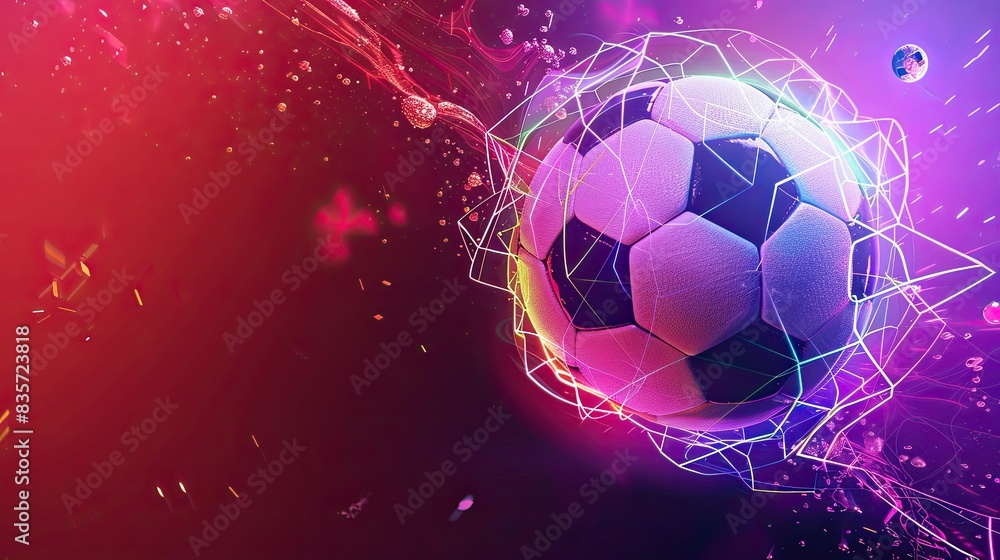 Fototapeta premium dynamic soccer ball mid-kick with neon elements and a gradient background from red to purple
