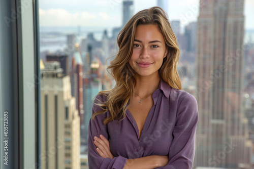 Wallpaper Mural Hispanic businesswoman wearing purple formal shirt standing in modern office Torontodigital.ca
