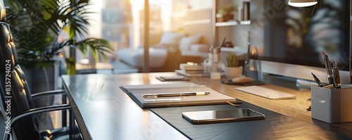 realistic photo of a modern office desk with a desk lamp, a notebook, and a plant photo