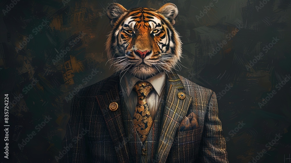 Tiger wearing a textured suit and tie with a flower lapel pin. Studio portrait on a dark background. Strength and elegance concept for design and print