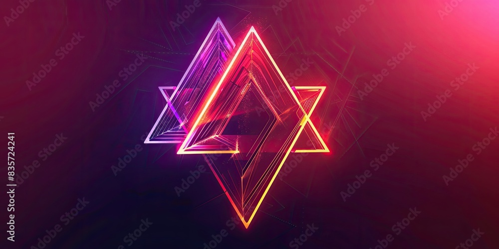 logo with red background and neon yellow, purple and pink triangles on the right side, the shape of the triangle is made up by lines and forms an abstract symbol for video streaming logo with red background and neon yellow, purple and pink triangles on the right side, the shape of the triangle is made up by lines and forms an abstract symbol for video streaming