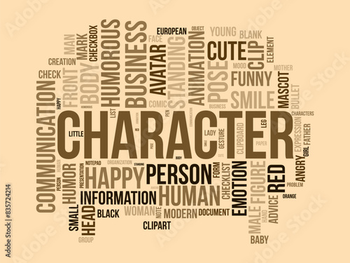 Character word cloud template. Illustration avatar concept vector tagcloud background.