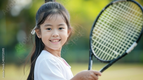 Young Asian girl tennis player holding a sports tennis racket, smiling and posing © Natalia S.