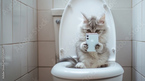 Grey kitty sits on the toilet seat with a smartphone and read news. Addiction to gadgets and games, new technologies	 photo