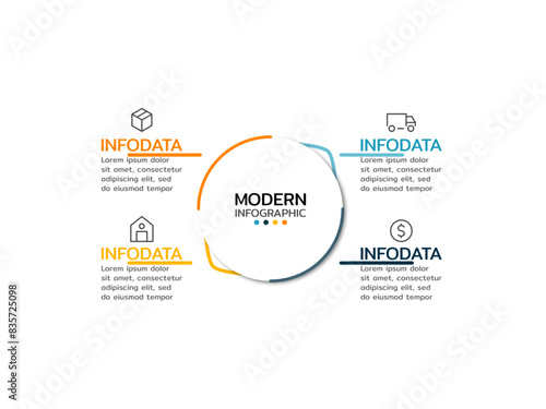 Modern infographic template with 4 steps or options, workflow, process diagram, presentation.