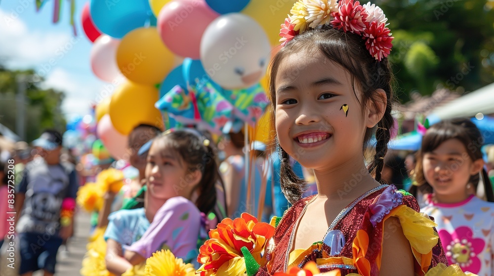 Children Day parade with floats, balloons, and children in festive attire Children Day parade with floats, balloons, and children in festive attire