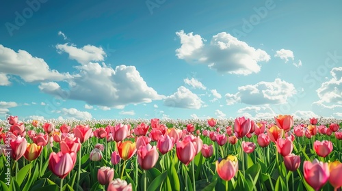 Tulip Field Beneath a Springtime Sky filled with Clouds