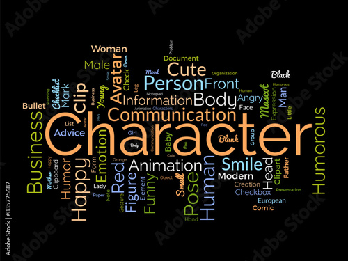 Character word cloud template. Illustration avatar concept vector tagcloud background.