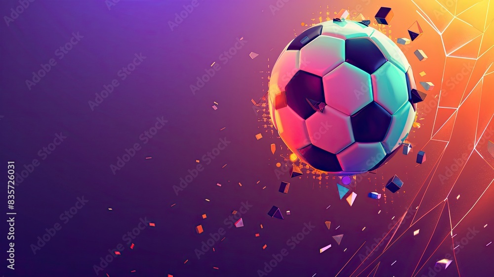 Fototapeta premium Soccer ball in a high jump with neon polygonal elements floating around, over a gradient background of purple and orange