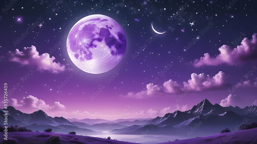 Fototapeta premium Purple gradient mystical moonlight sky with clouds and stars phone background wallpaper