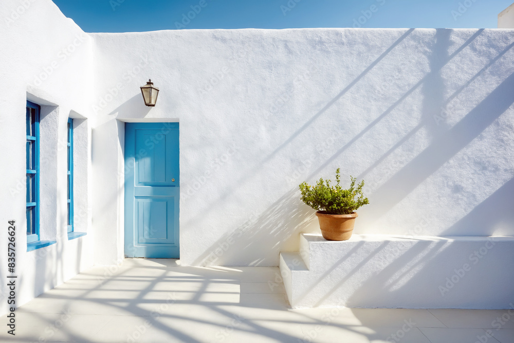 Naklejka premium Dayllght greece courtyard with shadow on white wall. Beautiful Mediterranean style background